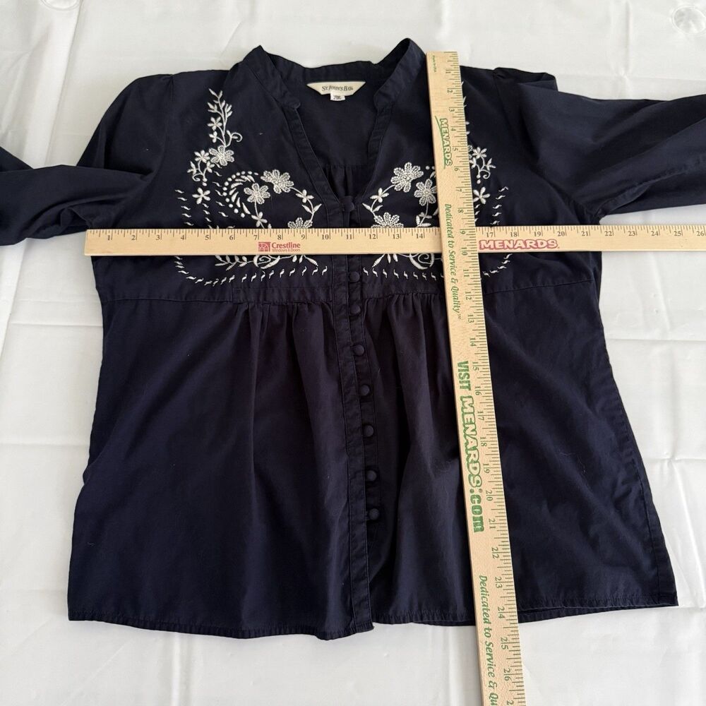 St John's Bay Women's Top L Dk Blue Boho Embroidered Cotton Button Down Peasant - Picture 5 of 9